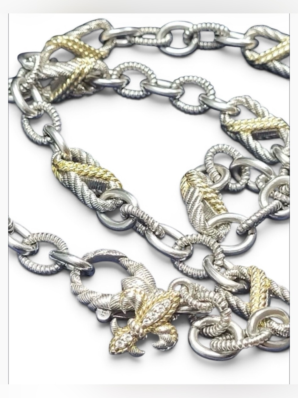 Judith Ripka Sterling Silver with gold accents Fleur-de-Lis Link Necklace 18” - Picture 7 of 10